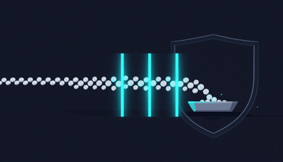 A token stream passing three guardrails, some blocked